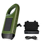 lampe torche solaire vert olive rechargeable rayures horizontales mode fixation annexe chargeurs camping