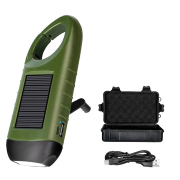 lampe torche solaire vert olive rechargeable rayures horizontales mode fixation annexe chargeurs camping