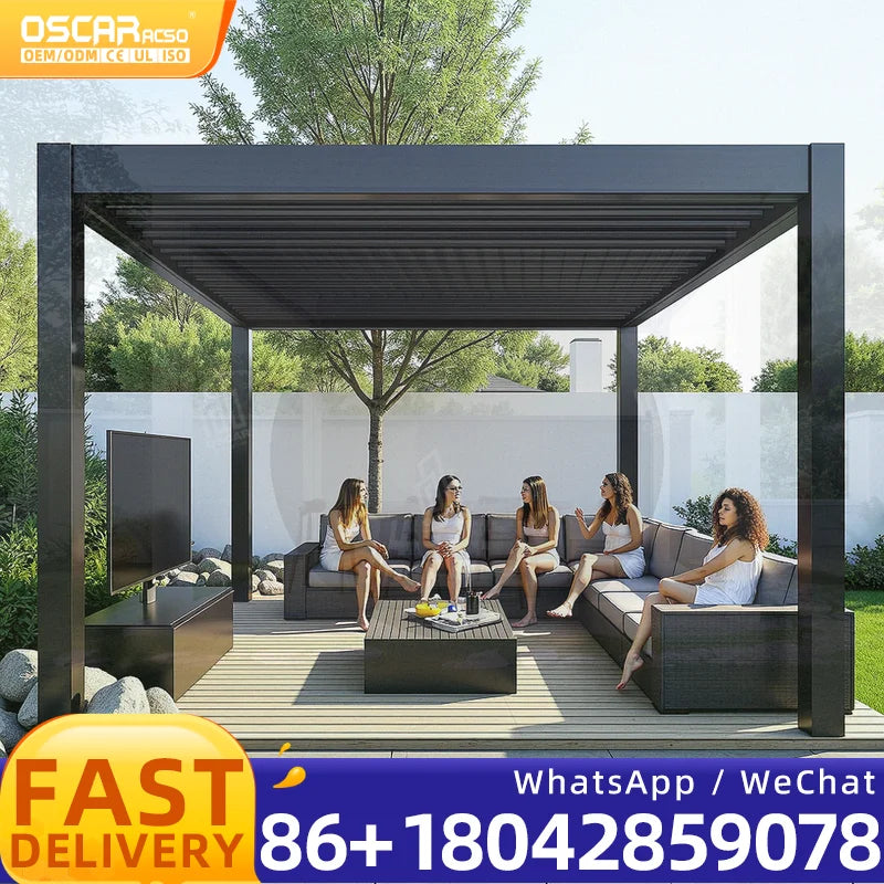 structure pergola métal gris foncé barreaux horizontaux moderne résistante intempéries assemblage facile respectueux environnement