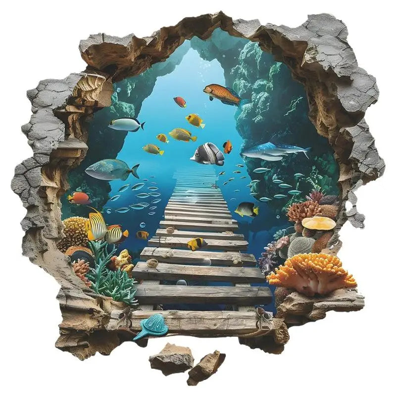 sticker mural 3d sous marin poissons coraux pont bois opaque enfants chambre salon