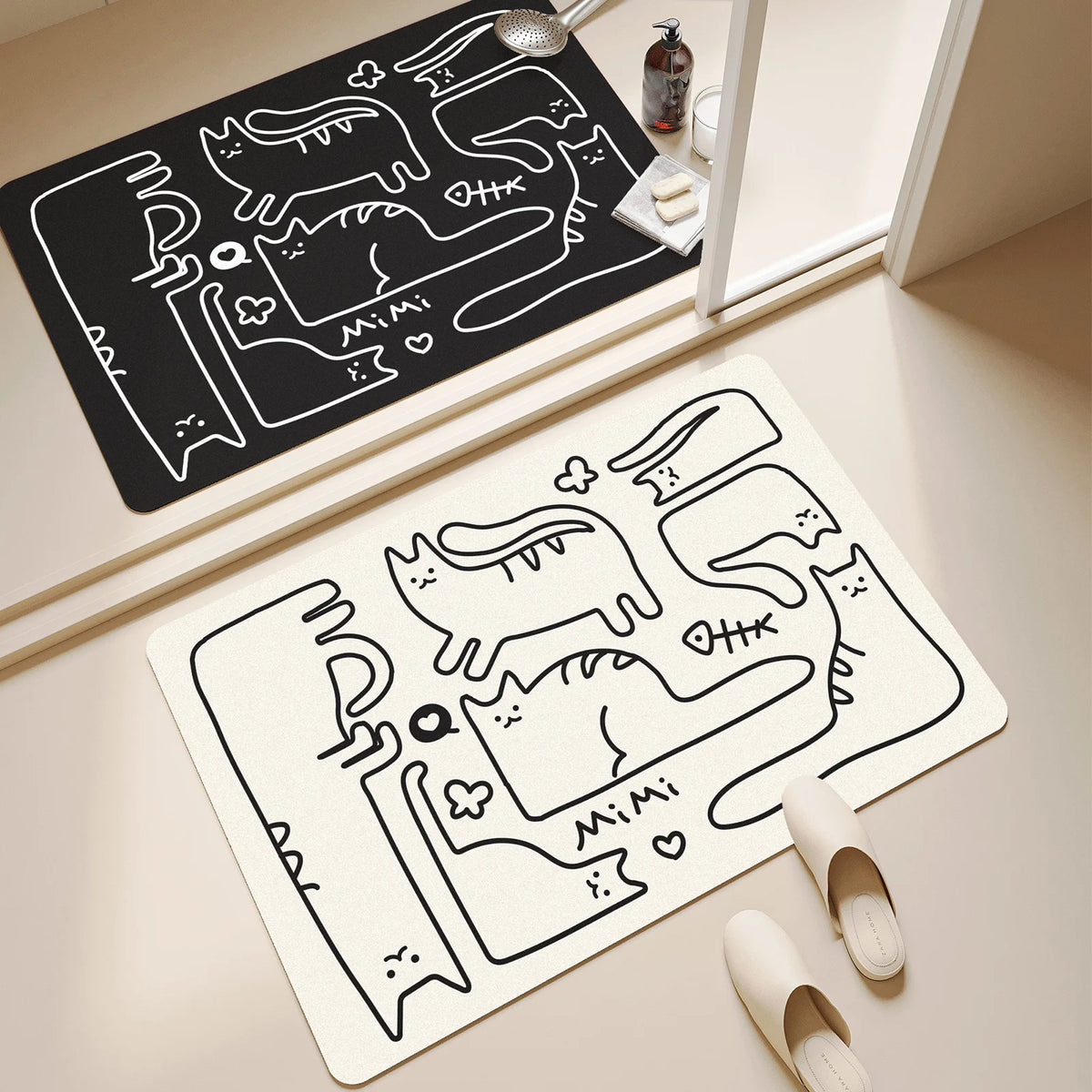 tapis sol caoutchouc antidérapant salle bain noir blanc dessins chats mimi cœur moderne