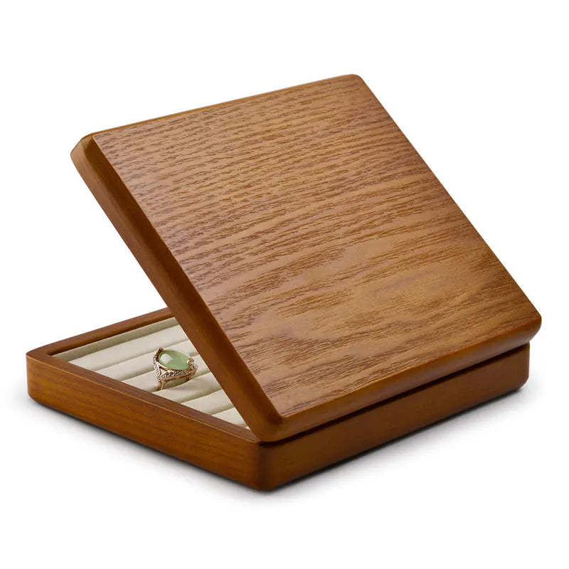 boîte bijoux bois marron clair classique rangement anneaux simili cuir 16x18cm