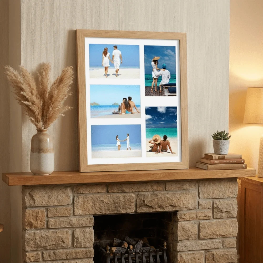 cadre photo multi photos bois clair noir blanc decoration moderne plage voyage mur verre
