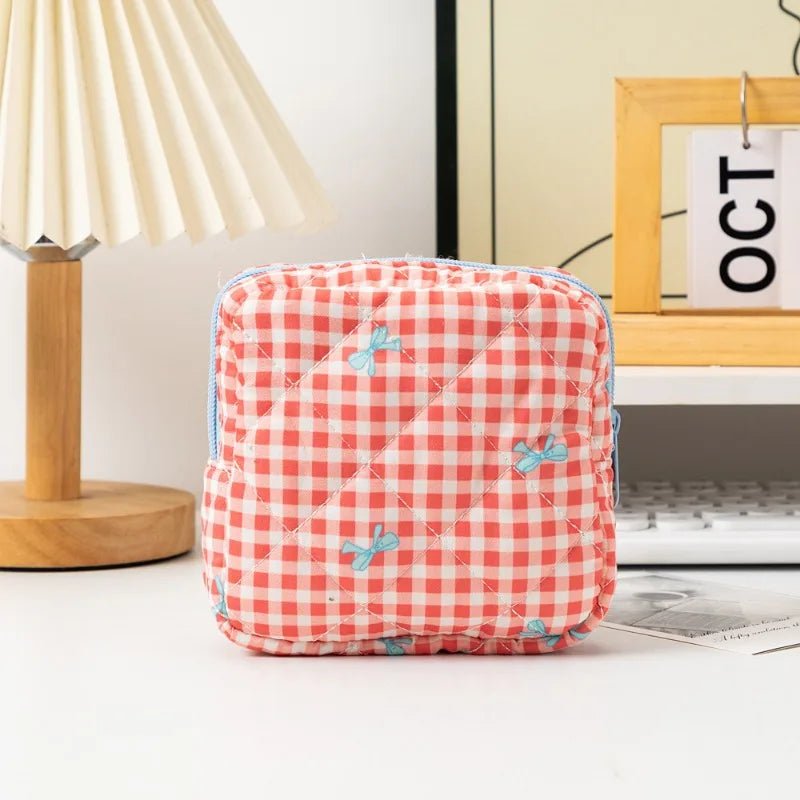 Sac cosmétiques polyestère noir blanc rose bleu cuir mat fermeture glissière poudre compacte brosse