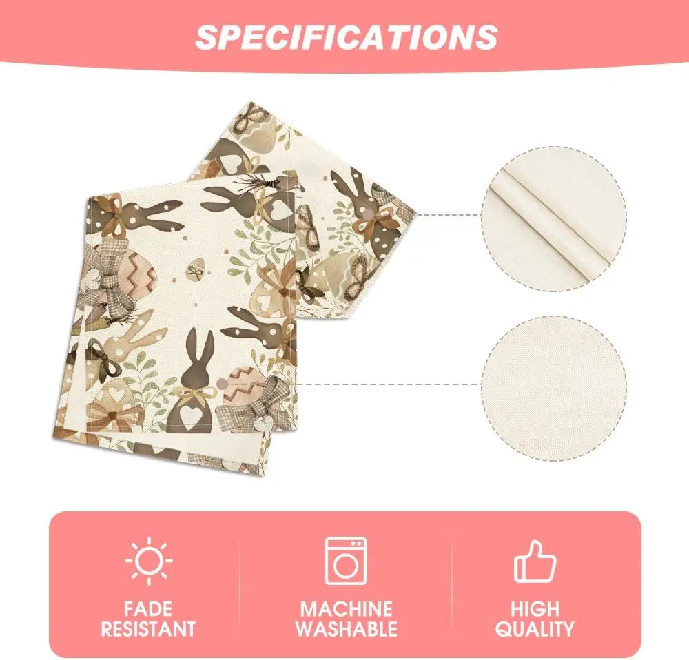 Des serviettes de table en tissu avec un motif de lapins et de fleurs, résistantes aux décolorations et lavables en machine, offrant une qualité élevée.