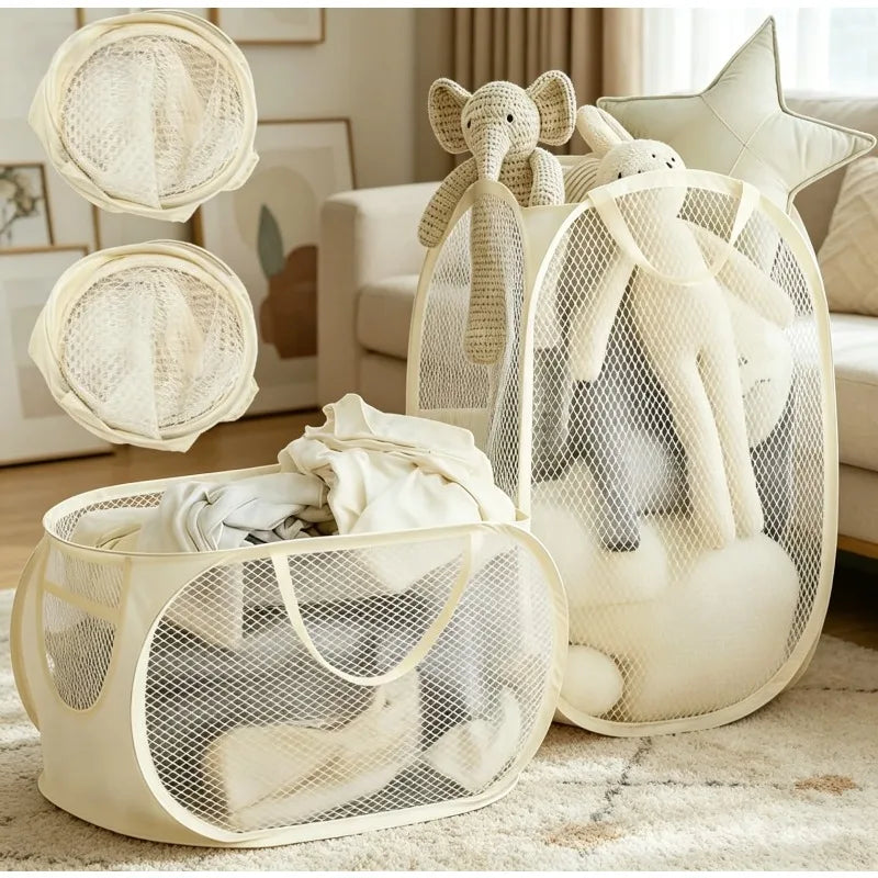 panier pliable linge maille fine moderne couvercle amovible poignées beige clair rangement ventiléversible
