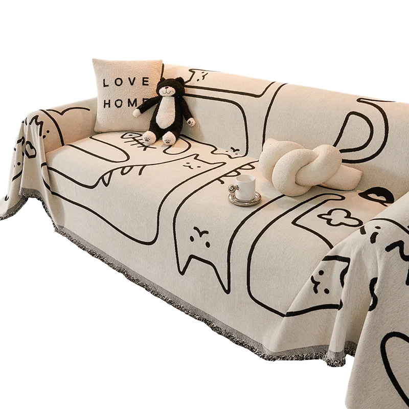 housses canapé chenille dessins animaux beige noir moderne lavable printemps été