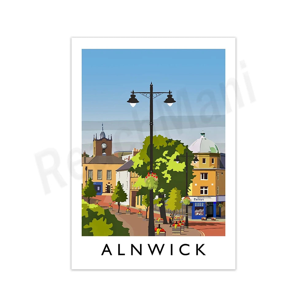 Une illustration colorée et animée d'une scène urbaine dans la ville d'Alnwick, avec des bâtiments historiques, des arbres et une lampe de rue, créant une ambiance chaleureuse et accueillante.