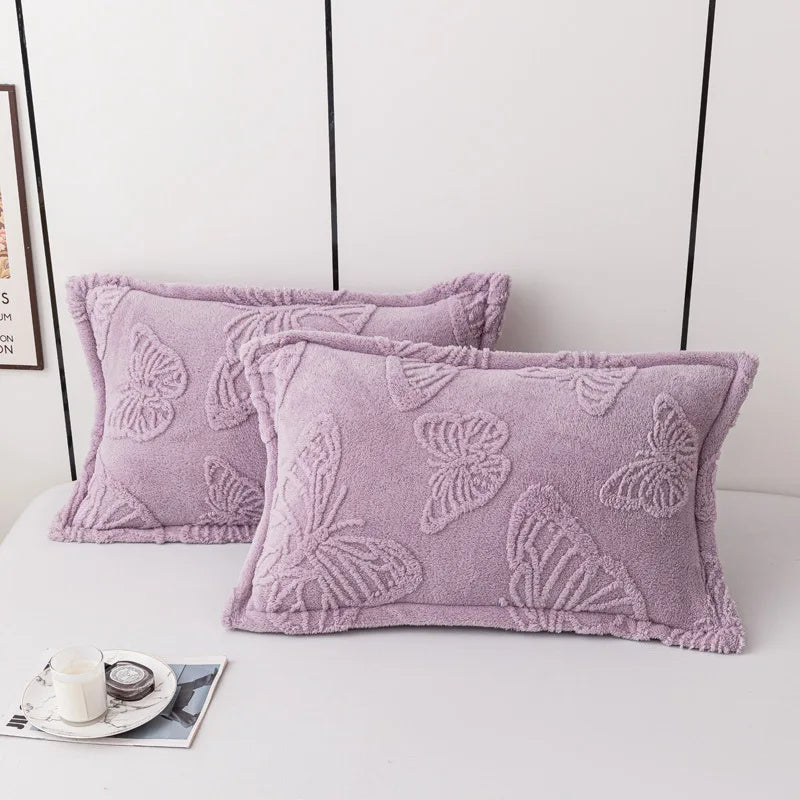 taies d'oreiller jacquard papillons brodés gris bleu rose vert beige violet modernes lit hiver