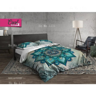 housse couette mandala bleu turquoise ensemble literie bohème taies d'oreiller queen size floral ethnique