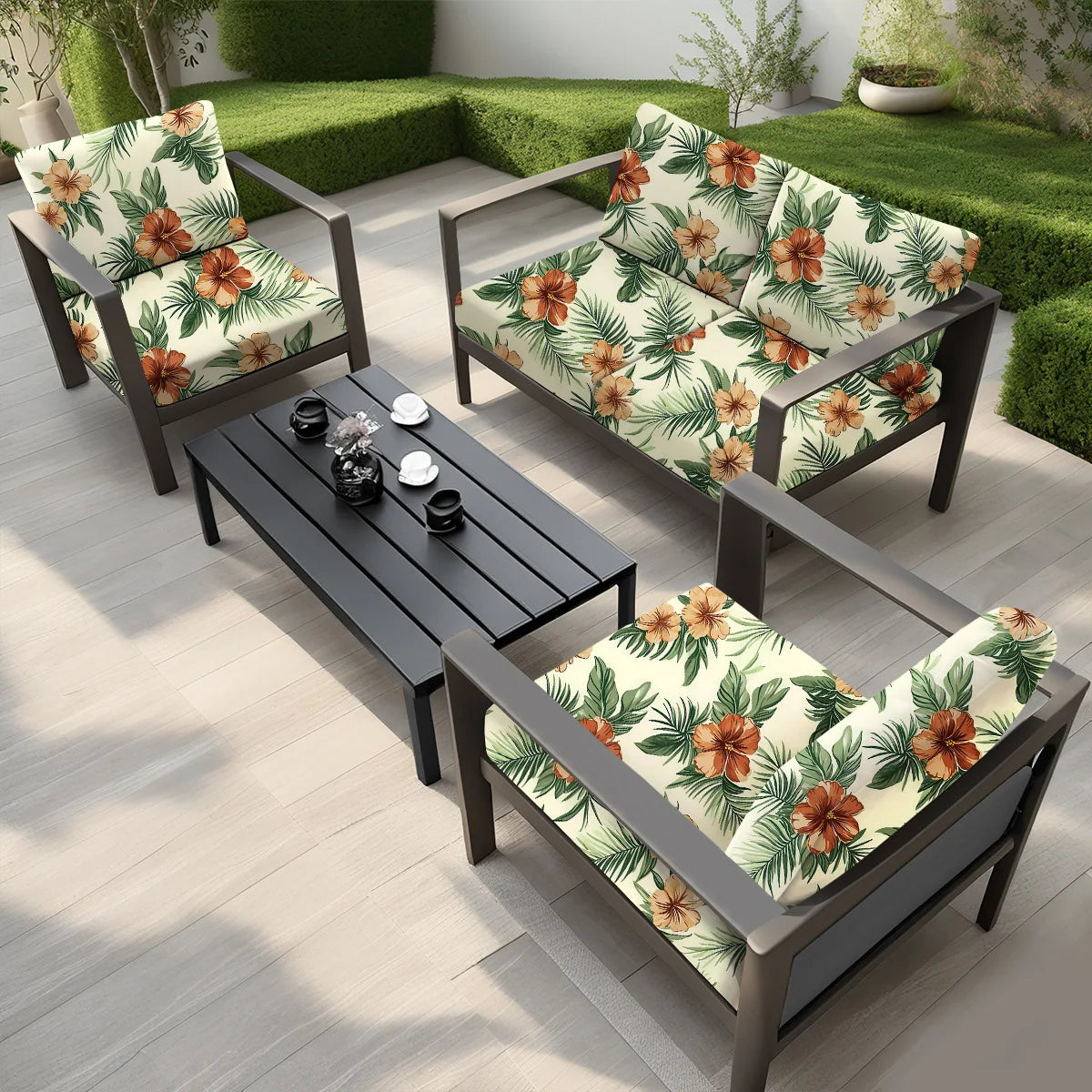 canapé extérieur moderne coussins fleurs tropicales beige vert orange printemps été polyestère lavable machine
