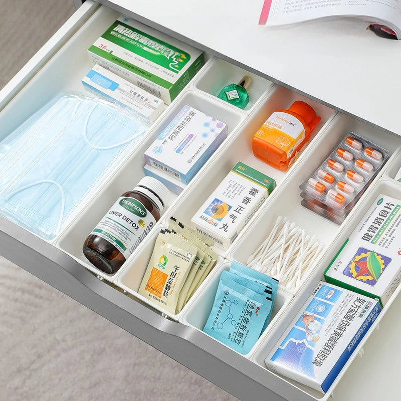 boîtes rangement modulaires blancs plastique sans BPA réutilisables compartiments divers table drawer