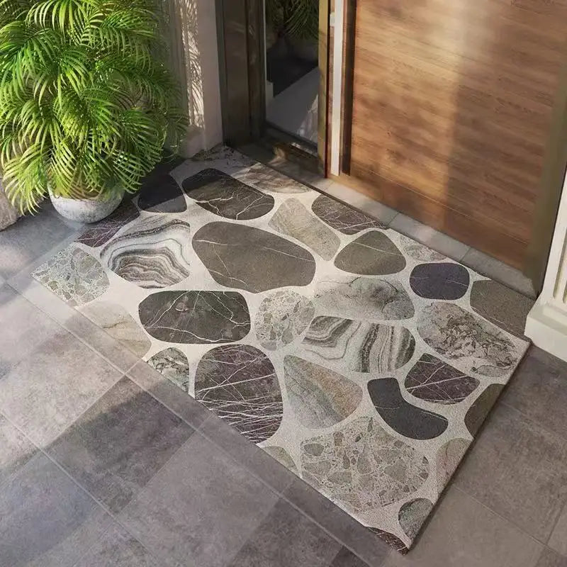tapis sol moderne gris beige marron noir motif galets résistant intérieur extérieur porte