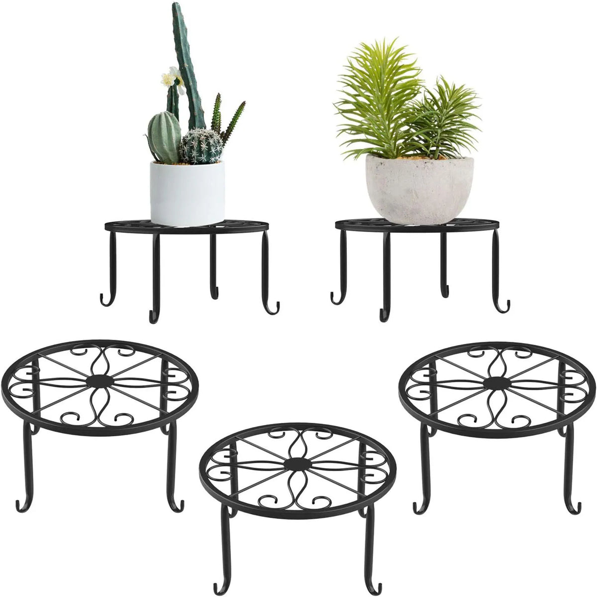 supports pots fleurs table ronde métal noir blanc motif floral vintage rustiqueextérieur patio balcon