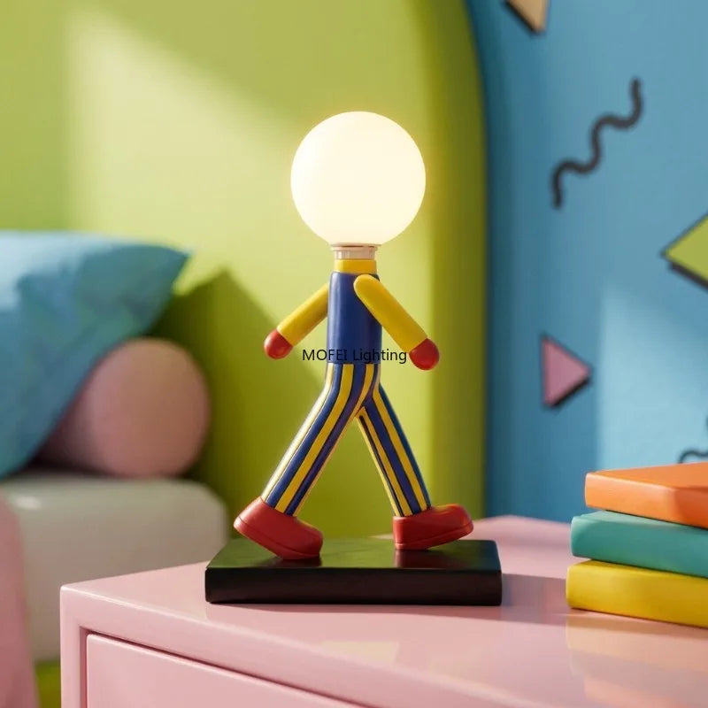 lampe table moderne rayures horizontales bleu jaune rouge base noire lumière blanche 6000k 3000k
