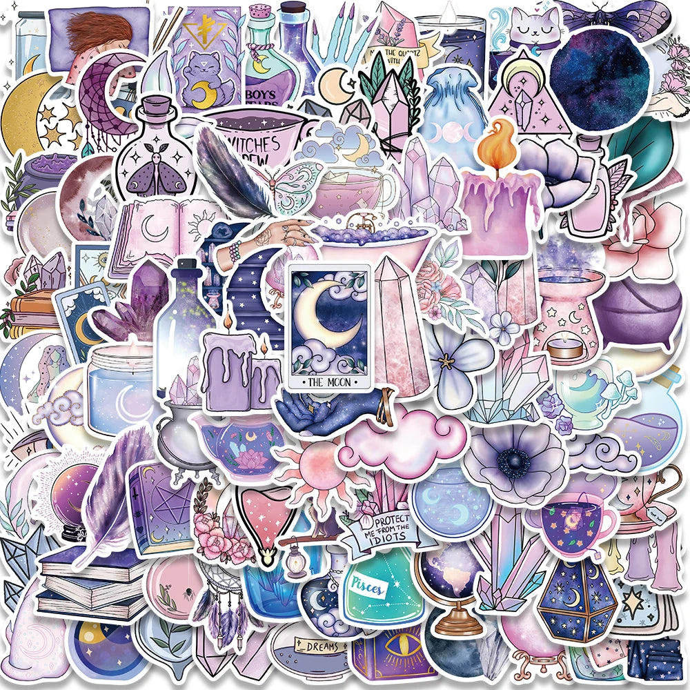 stickers illustratifs fantastiques lune cristaux potions chats violet rose blanc noir