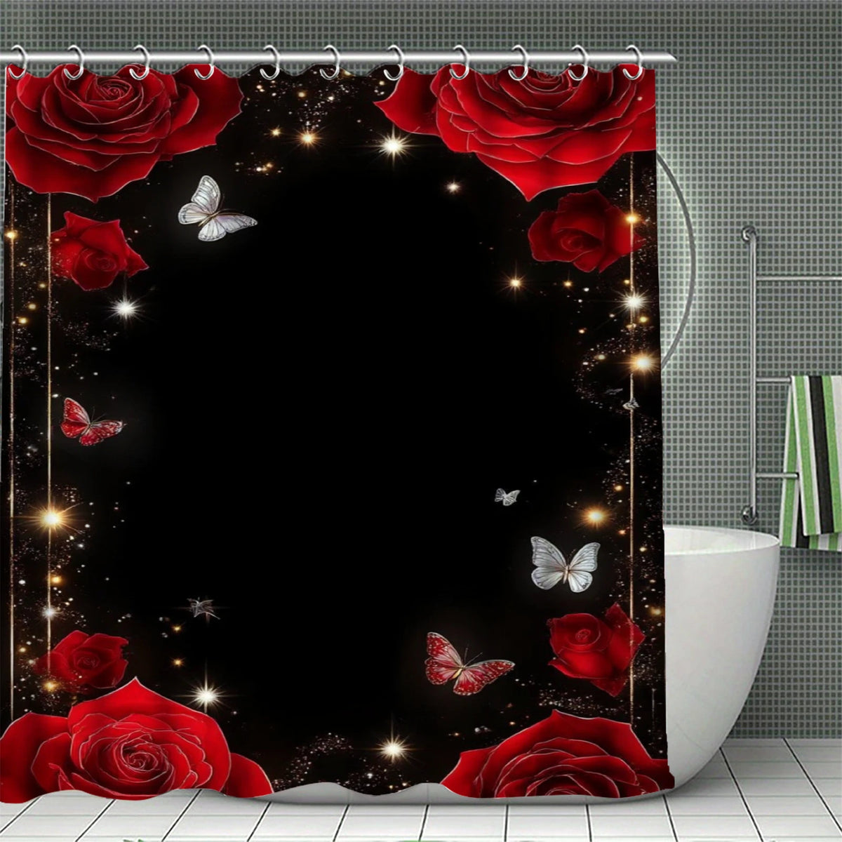 rideau douche fleuri papillon polyester respectueux environnement classique romantique anneaux métalliques