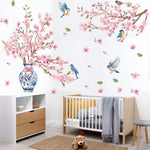 sticker mural arbre fleur cerisier rose oiseaux feuilles naturel chambre salon kitchen