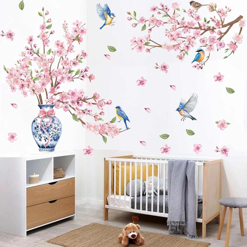 sticker mural arbre fleur cerisier rose oiseaux feuilles naturel chambre salon kitchen