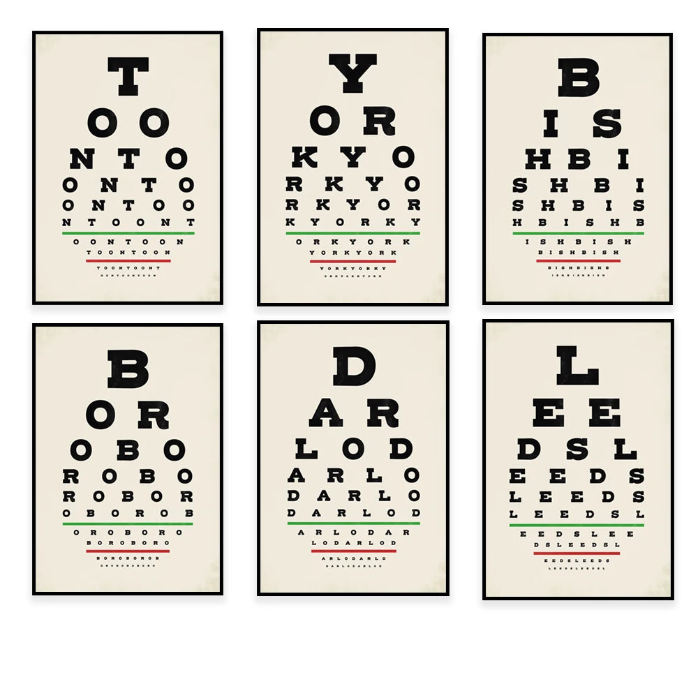 Cette image montre six affiches d'examen de la vue en anglais, utilisant des lettres et des mots disposés de manière créative pour tester la vision.