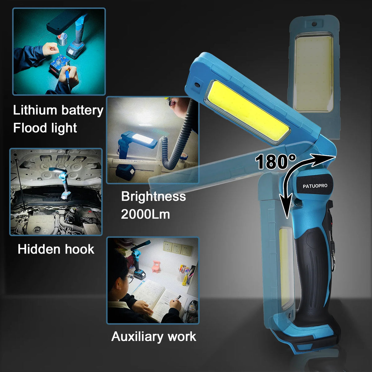 lampe travail led rechargeable batterie ion lithium poignée bleu turquoise gris professionnel rotatif 180