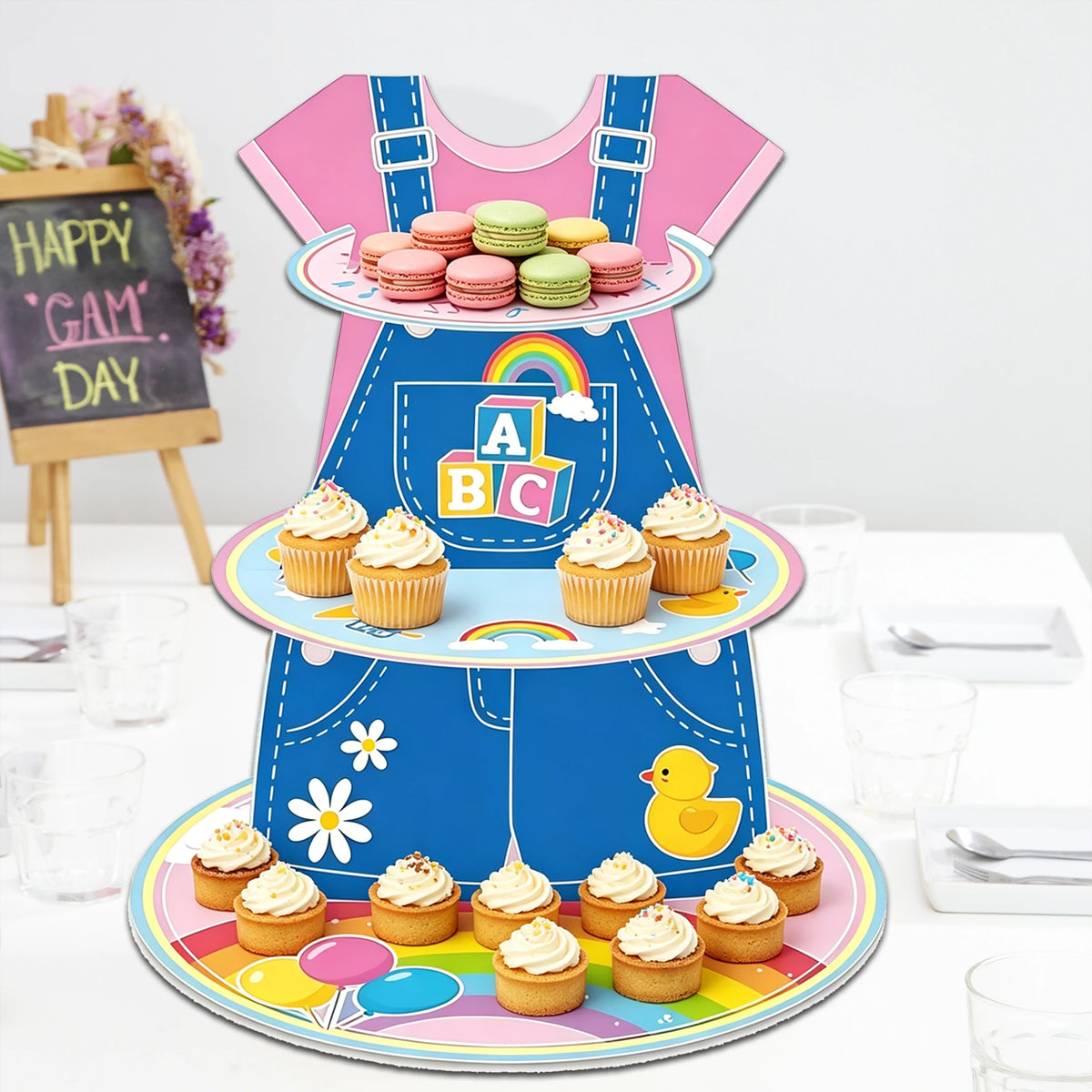 support gâteaux anniversaire enfantin rose bleu lettres arc ciel cupcakes