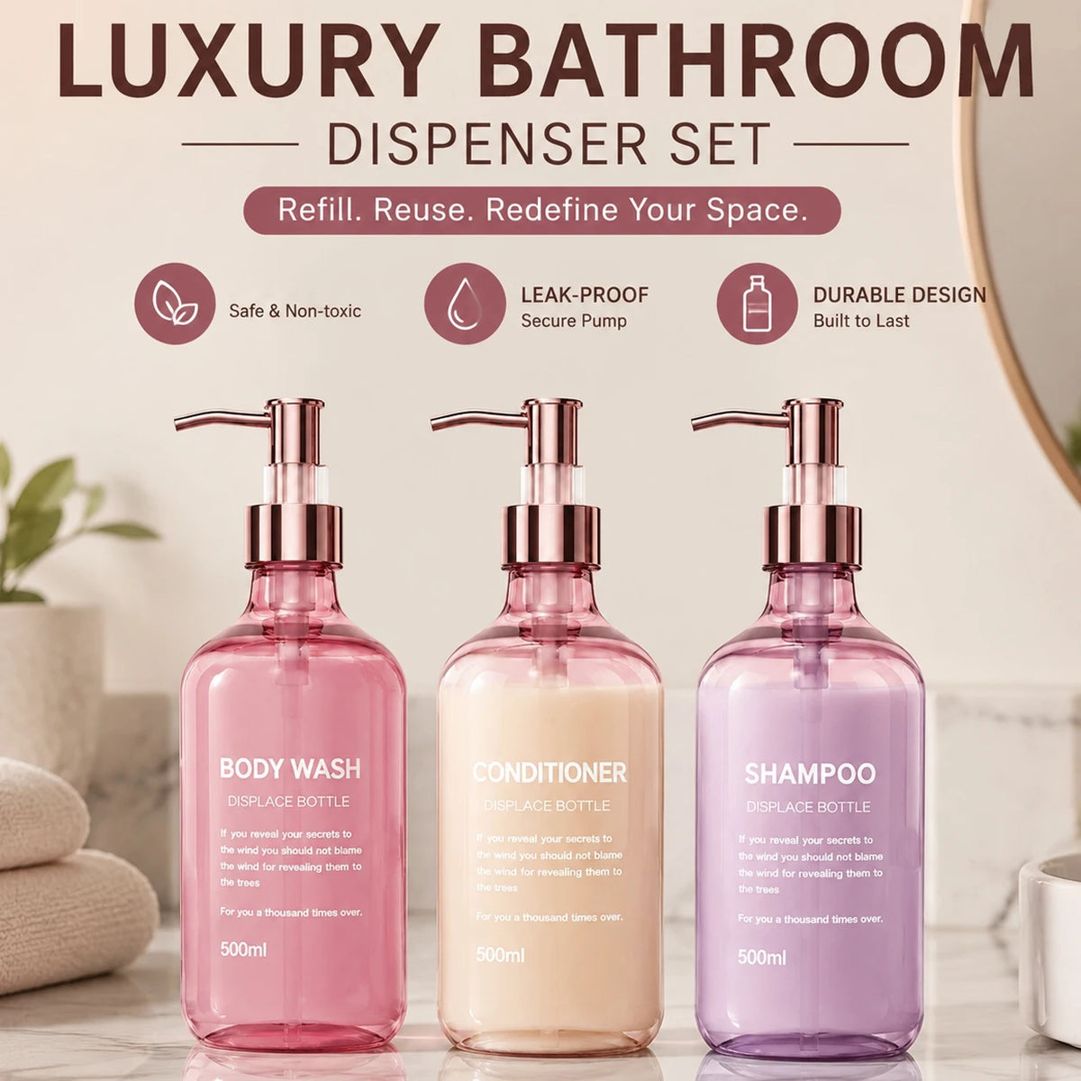 distributeurs douche rose verre texturé moderne ensemble salle bain 500ml translucent