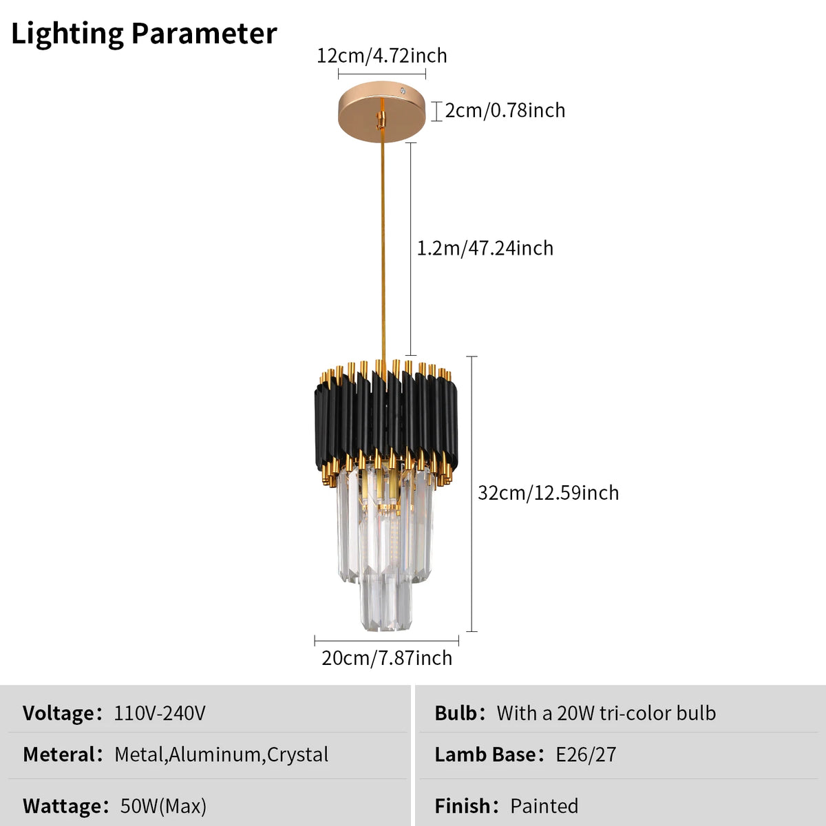 suspension lumineuse moderne noir doré cristal led rayures horizontales tubes transparents éclairage quotidien