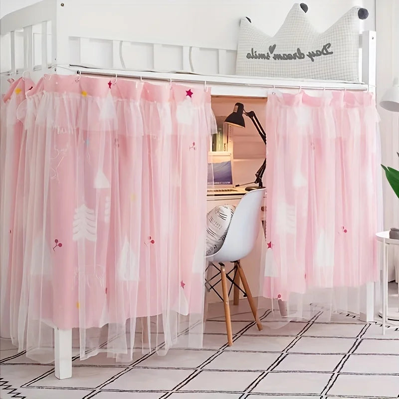 rideau lit enfant rose motif montagne étoiles tulle semi transparent mignon métalliques
