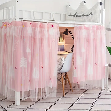 rideau lit enfant rose motif montagne étoiles tulle semi transparent mignon métalliques