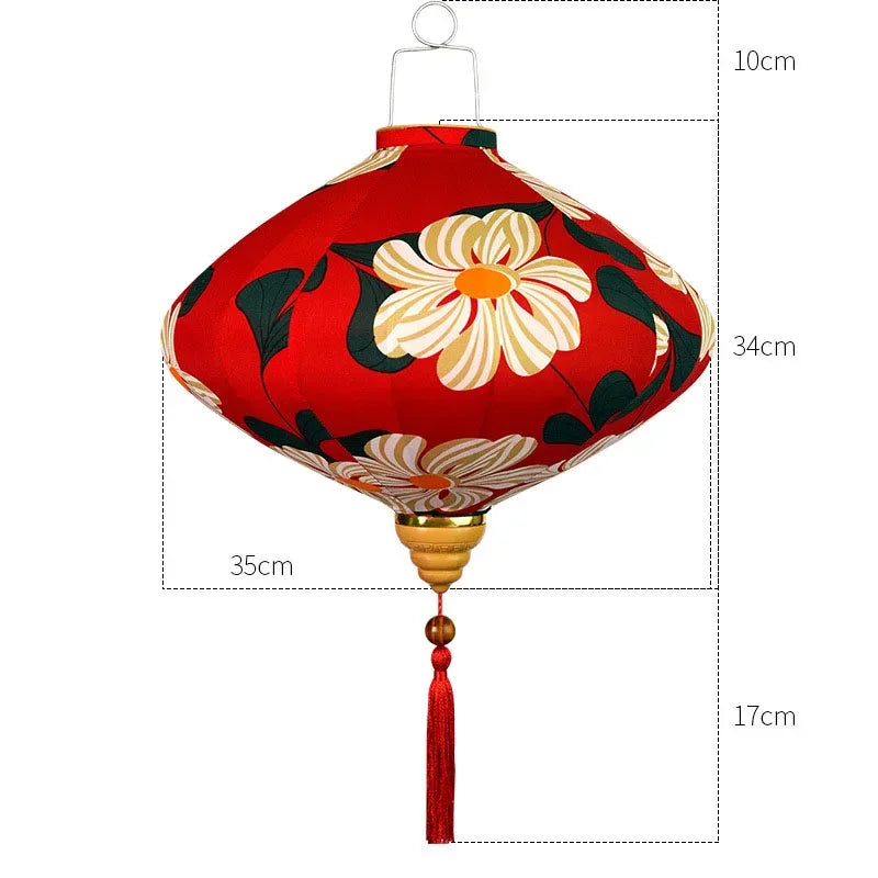 lanterne japonaise traditionnelle rouge fleurs décorative artisanale pompon bois suspendue