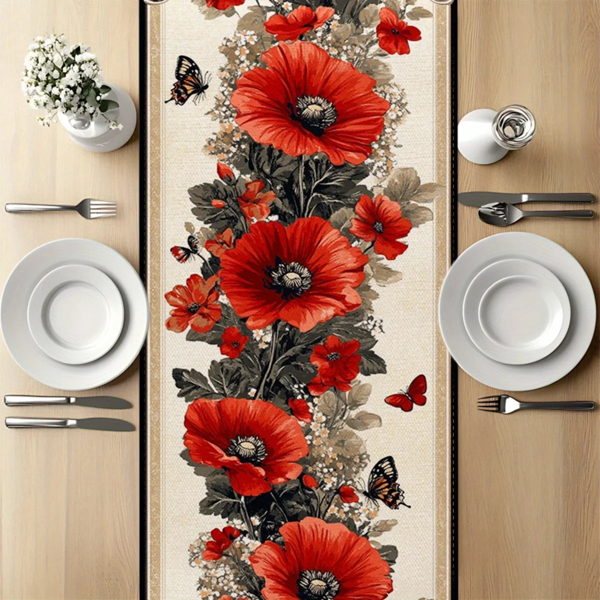 tableau décoratif floral motif papillons fleurs pavots couleurs vives polyester rouge vert cuisine restaurant
