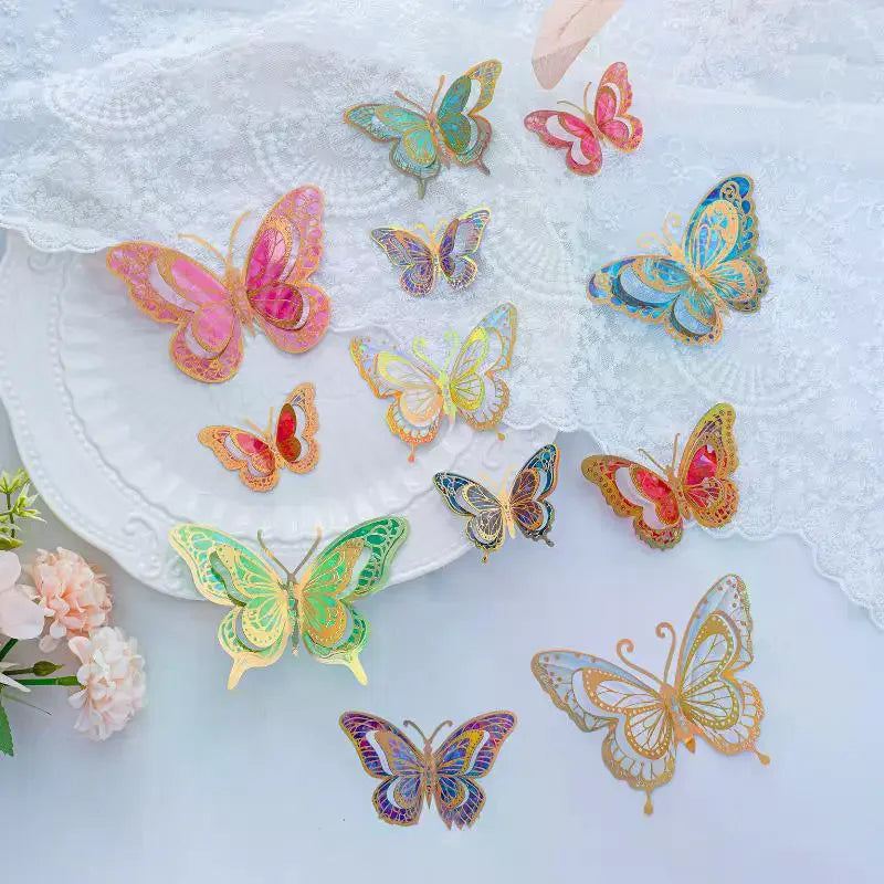 papillons décoratifs transparents effet holographique adhésifs 3d élégants rose vert bleu doré pack 12