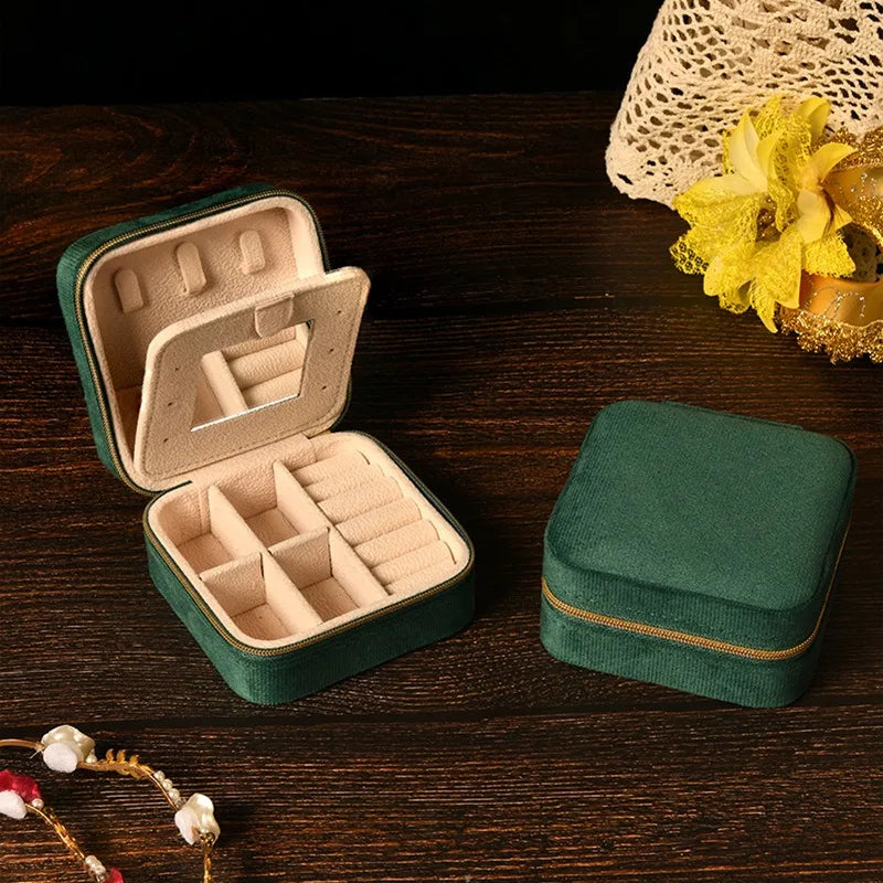 boîte bijoux velours femme bague collier boucles d'oreilles miroir compartiments portable classique vintage fermée