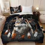 ensemble literie moderne imprimé loup plumes attrape rêves noir blanc gris orange