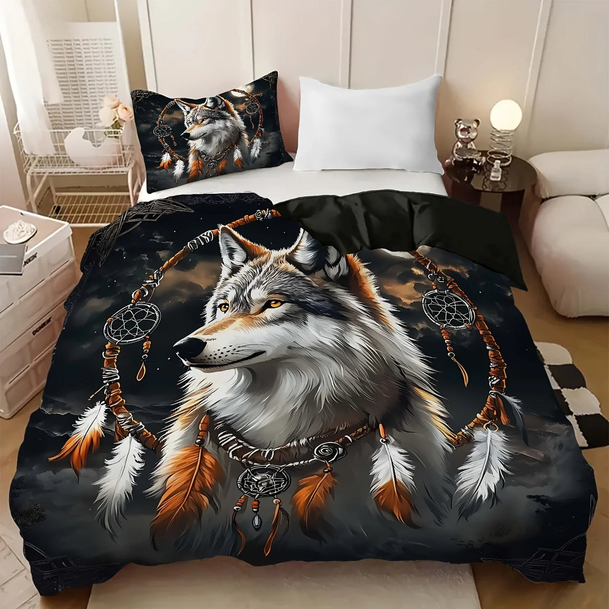 ensemble literie moderne imprimé loup plumes attrape rêves noir blanc gris orange