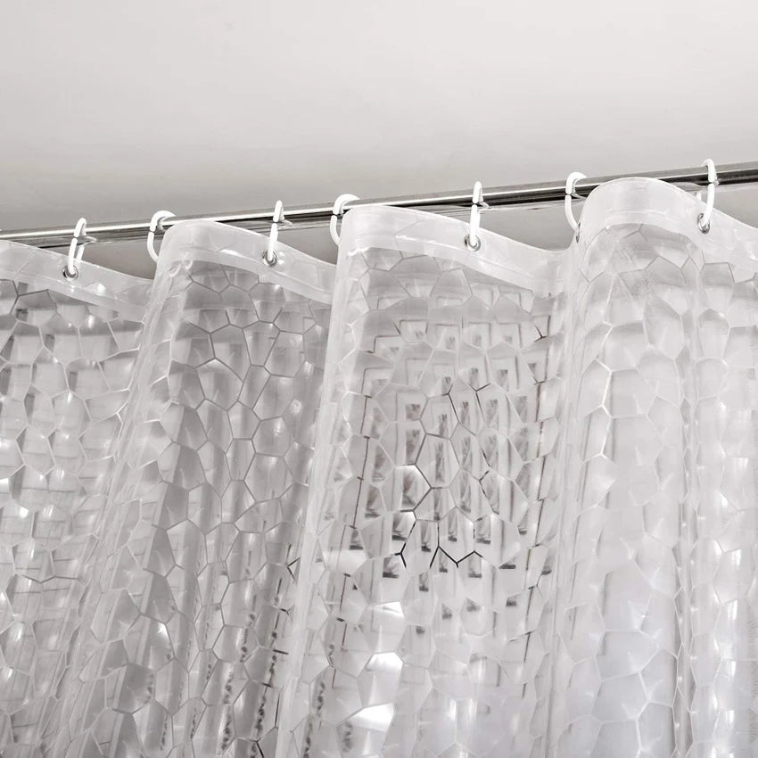 rideau douche transparent moderne water cube géométrique hexagones waterproof boutons renforcés