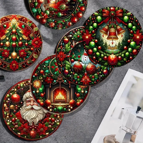dessous verre noël bois peint boules cloches sapin père noël festif vert rouge traditionnel