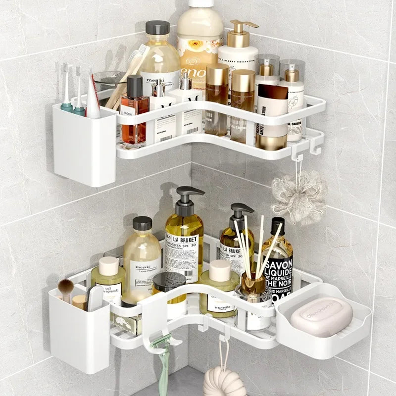 étagère salle bain angle double couche adhésive blanche noire moderne multifonctionnelle rangement muralement fixée