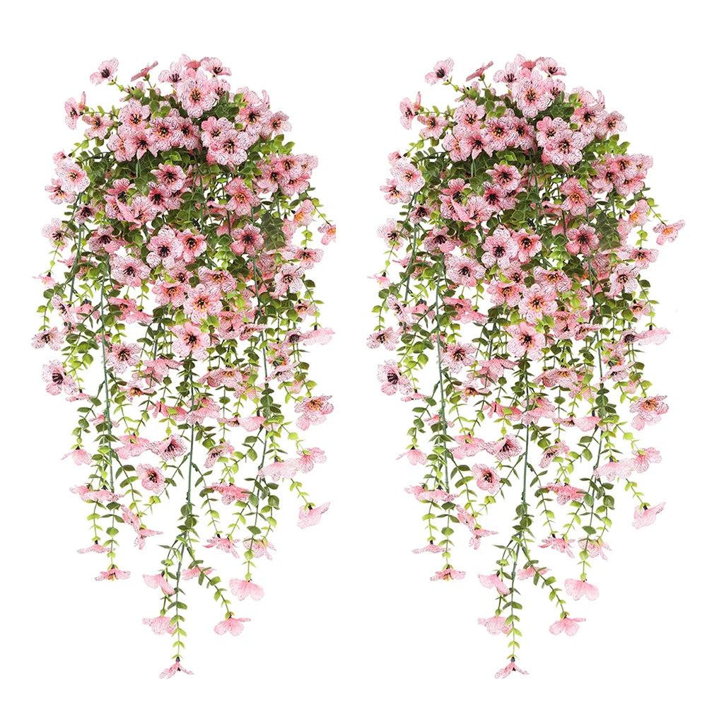 décoration extérieure plante artificielle suspendue fleurs marguerites violettes feuilles vertesbranches flexibles moderne