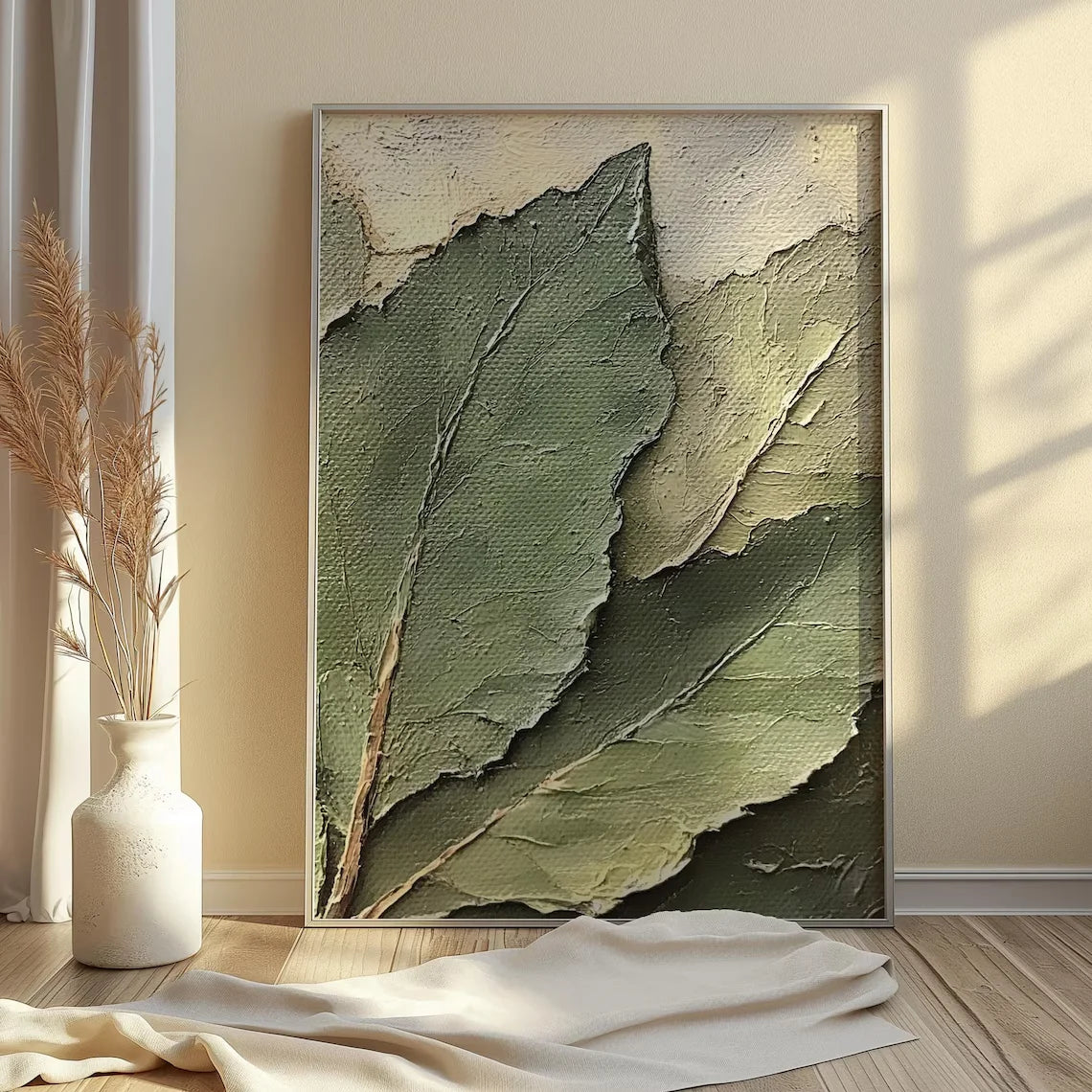 tableau mural toile feuilles botaniques impression texturée verte contemporain abstrait décoration maison vert beige