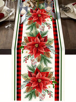Nappe de table ornée de fleurs de poinsettia rouges, de pommes de pin et de baies dans un style festif de Noël.