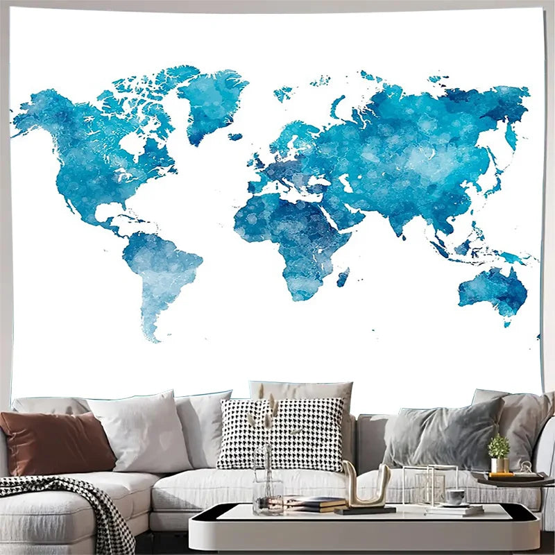 tapisserie murale carte monde bleu blanc moderne aquarelle décoration chambre salon polyester grande taille