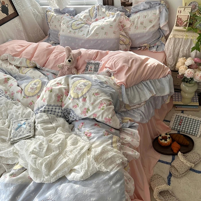 parure lit complète fleurs vintage princesse housse couette drap taies oreillers