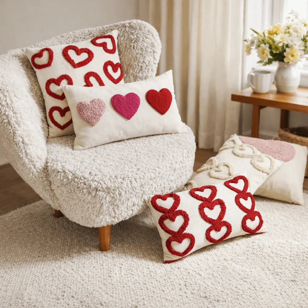 taies d'oreiller coeurs brodés blanc rouge rose pâle artisanal fermeture éclair opaques lit polyester