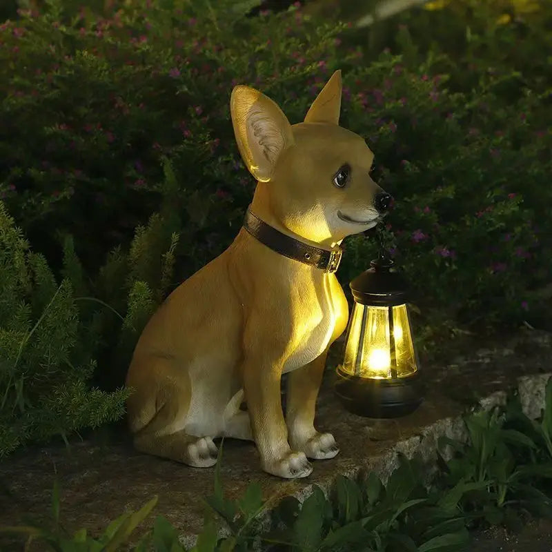 statue chihuahua résine animaux compagnie patio jardin extérieur lumières led lanterne transparente collier boucle