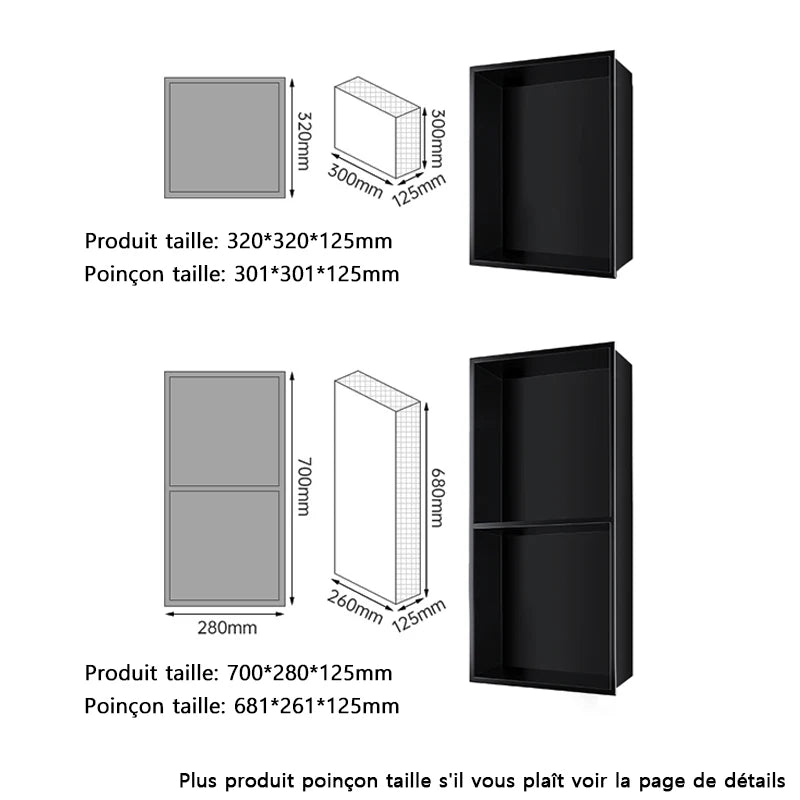 niche rangement acier inoxydable noir moderne quatre niveaux mur lampe intégrée chambre salle bain