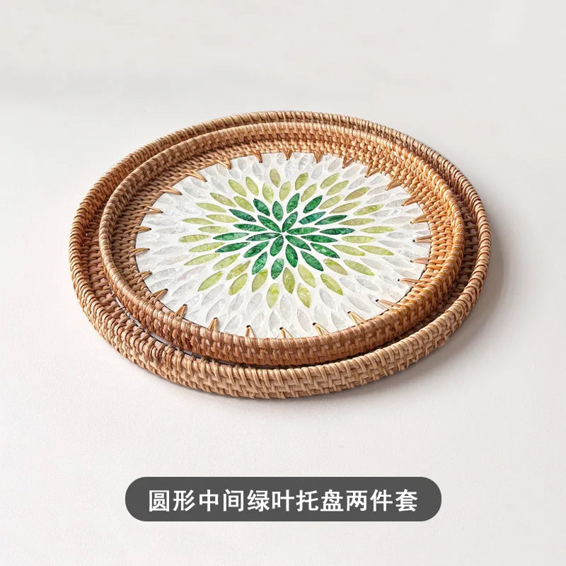 assiettes rotin naturel fleurs motifs floraux mosaïque traditionnel artisanal set deux