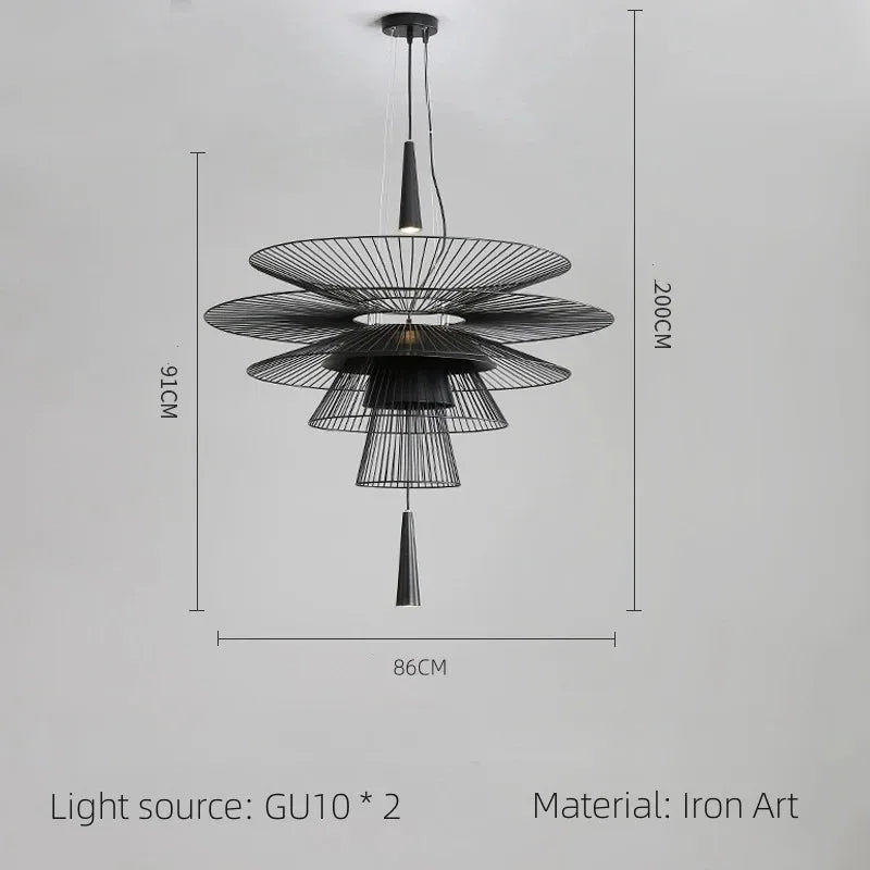 suspension lumineuse or noir contemporain minimaliste ampoule led intégrée fixation câbles métal superposé