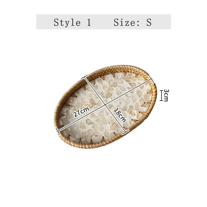 assiettes ovales rotin mosaïque coquillages boho rustique multicolore thé collations